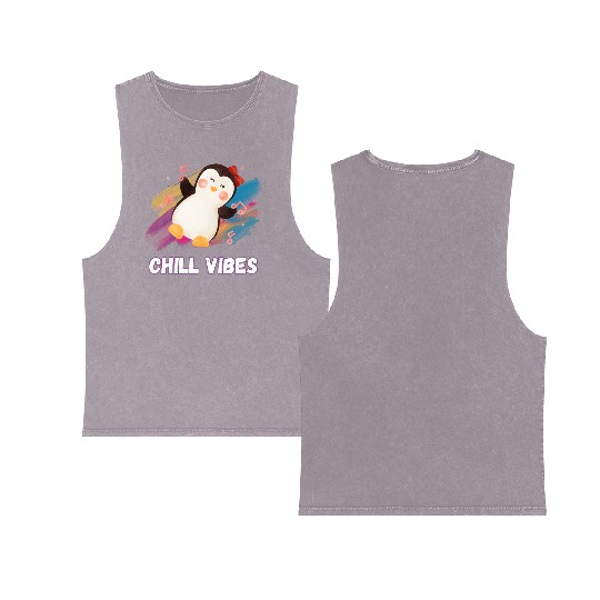 Joyful Penguin Harmony: Arctic Dance Delight Double Sided Mineral Wash Tank Tops