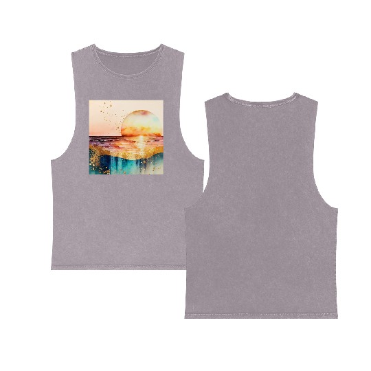 Sunset Beach Watercolor Painting Double Sided Mineral Wash Tank Tops
