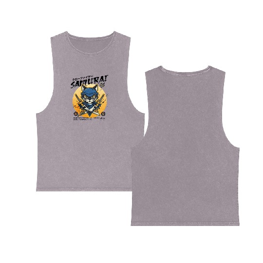 Samurai Cat, Ninja Cat, Cat Assassin, Warrior Cat Double Sided Mineral Wash Tank Tops