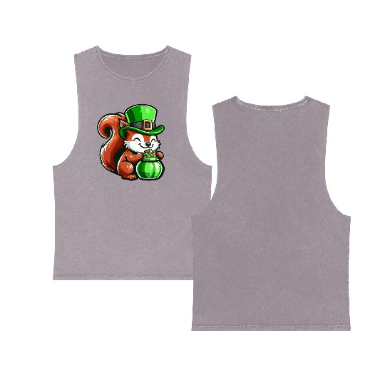 St. Patrick's Day Cute Squirrel Comic Design Double Sided Mineral Wash Tank Tops