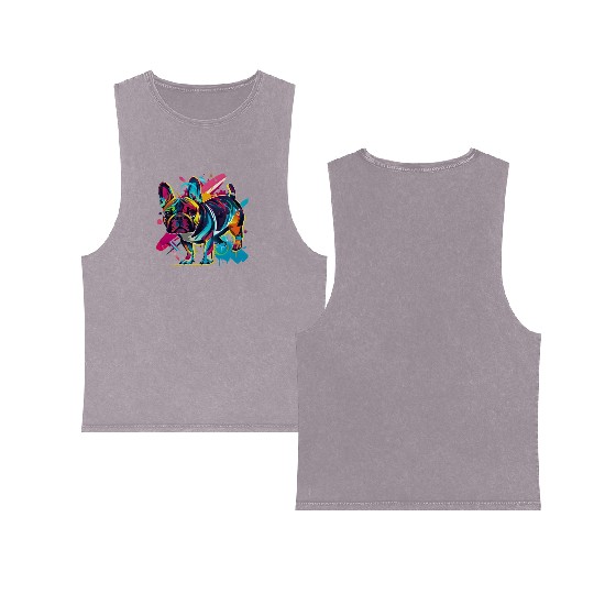 Neon Paws: French Bulldog in 80s Pop Art Style Double Sided Mineral Wash Tank Tops