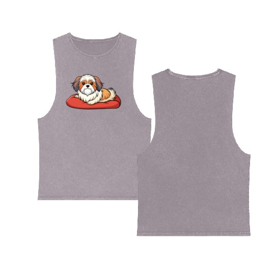 Contented Shih Tzu Lounging on Plush Pillow Double Sided Mineral Wash Tank Tops