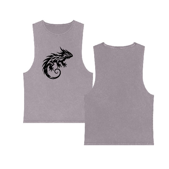 Shaggy Bearded Dragon Tribal Dragon Tattoo Double Sided Mineral Wash Tank Tops
