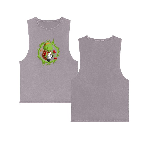Kung Fu Turtle With Halftone Fire Background Double Sided Mineral Wash Tank Tops
