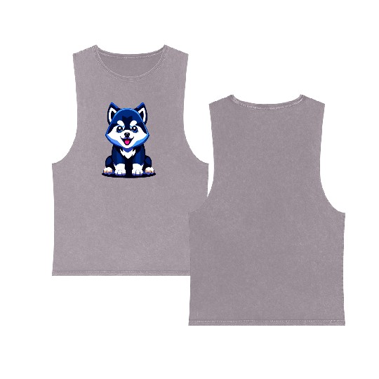 Cute Husky Puppy Illustration Double Sided Mineral Wash Tank Tops