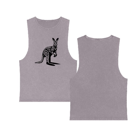 Kangaroo Tribal Style Vector Design Single Color Double Sided Mineral Wash Tank Tops