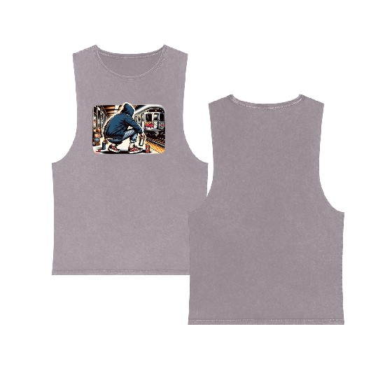 AI Teen in Subway Layup Underground- Masked Border Double Sided Mineral Wash Tank Tops