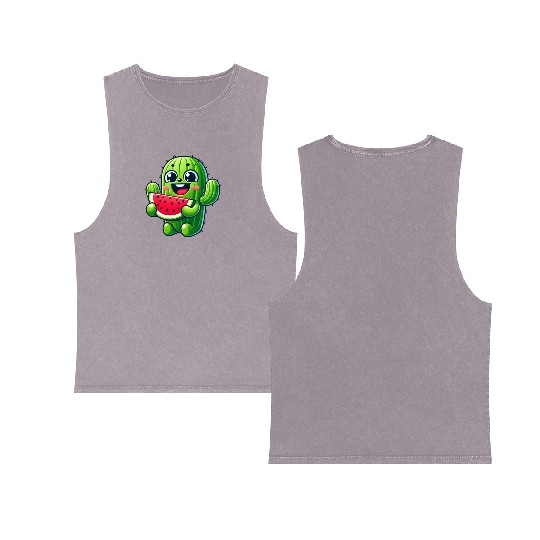 Cute Cactus Comic With Watermelon Fruity Double Sided Mineral Wash Tank Tops
