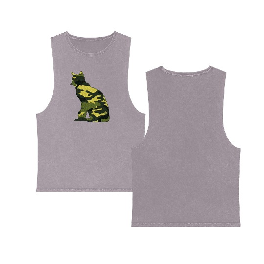 Military Burmese Camo Men Print US Cat Kitty Double Sided Mineral Wash Tank Tops