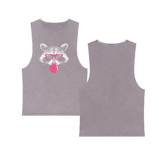 Raccoon Blows Bubblegum - Cute Bubblegum Raccoon Double Sided Mineral Wash Tank Tops