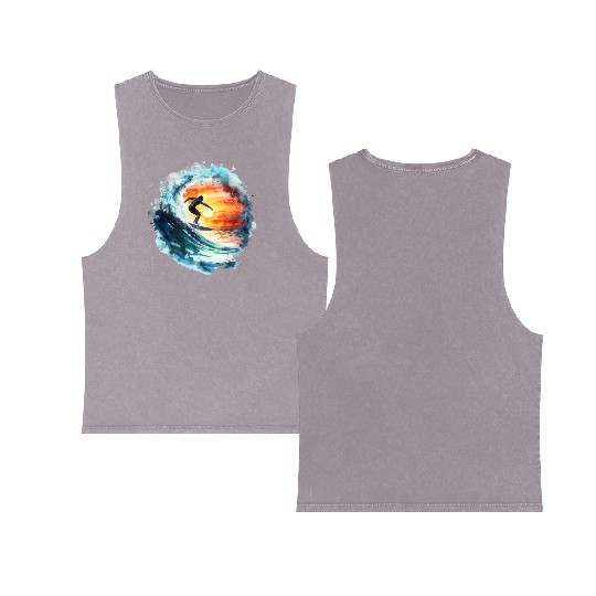 Watercolor Sunset Surfing Clipart | Surfboard, Double Sided Mineral Wash Tank Tops