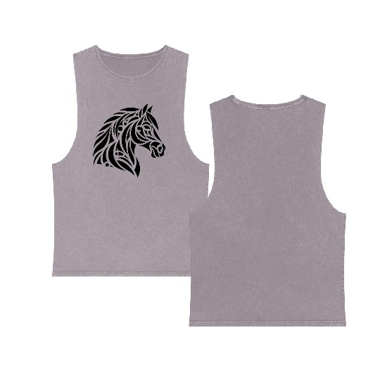 Elegant Tribal Horse Head Portrait Pony Tattoo Double Sided Mineral Wash Tank Tops