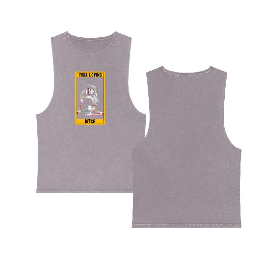 Funny Tarot Card Design Yoga Loving Skeleton Double Sided Mineral Wash Tank Tops