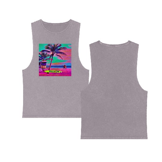 Neon Beach Life Scene 90's Vibes - Surfboard, Sand Double Sided Mineral Wash Tank Tops