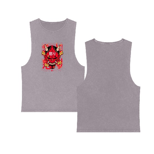 Vintage Red Hannya Demon Tattoo Double Sided Mineral Wash Tank Tops