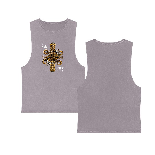 Octopus Steampunk Card Game Queen of Clubs Poker Double Sided Mineral Wash Tank Tops