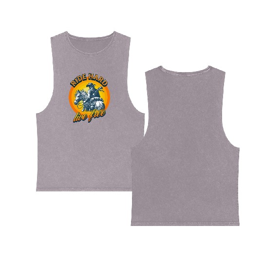 Western American Cowboy Retro Vintage Sunset Double Sided Mineral Wash Tank Tops