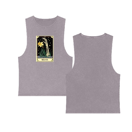 March Gothic Tarot Card - Daffodil Flower & Skelet Double Sided Mineral Wash Tank Tops