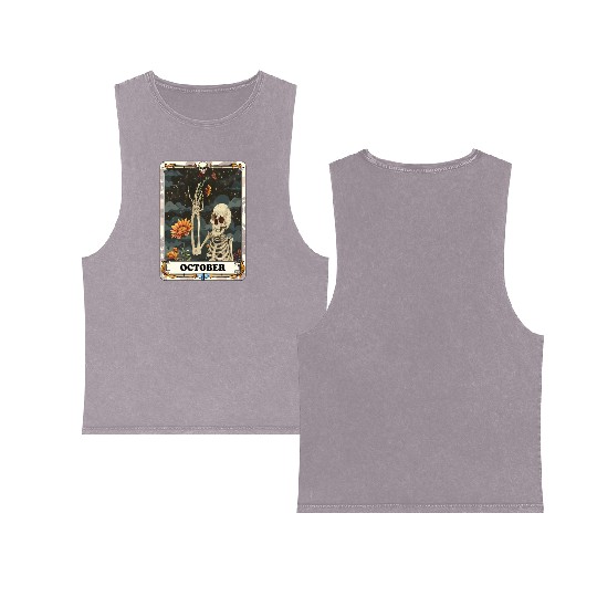 October Gothic Tarot Card - Marigold Flower & Skel Double Sided Mineral Wash Tank Tops