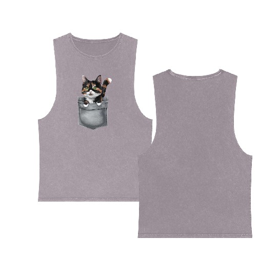Japanese Bobtail Cat In Pocket Double Sided Mineral Wash Tank Tops