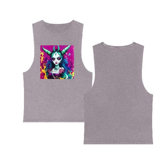 Goth Devil Demon Vampire Girl Street Pop Art Double Sided Mineral Wash Tank Tops