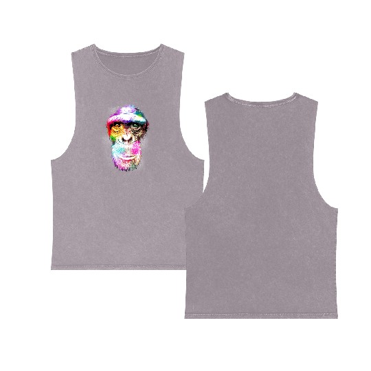 Colorful Retro Realistic Monkey Face Funny Graphic Double Sided Mineral Wash Tank Tops