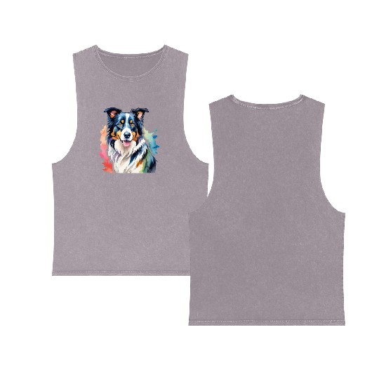 Border Collie Watercolor Double Sided Mineral Wash Tank Tops