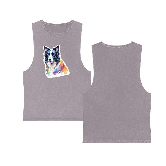 Border Collie Watercolor Double Sided Mineral Wash Tank Tops
