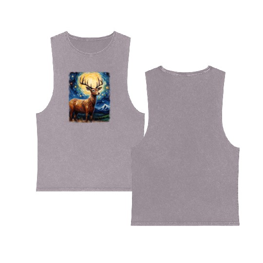 Deer Hunter Deer Hunting Starry Night Painting Double Sided Mineral Wash Tank Tops