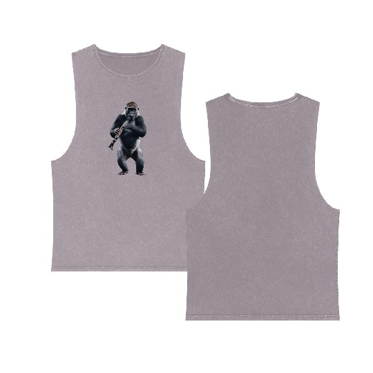 Gorilla Playing Clarinet Realistic Double Sided Mineral Wash Tank Tops