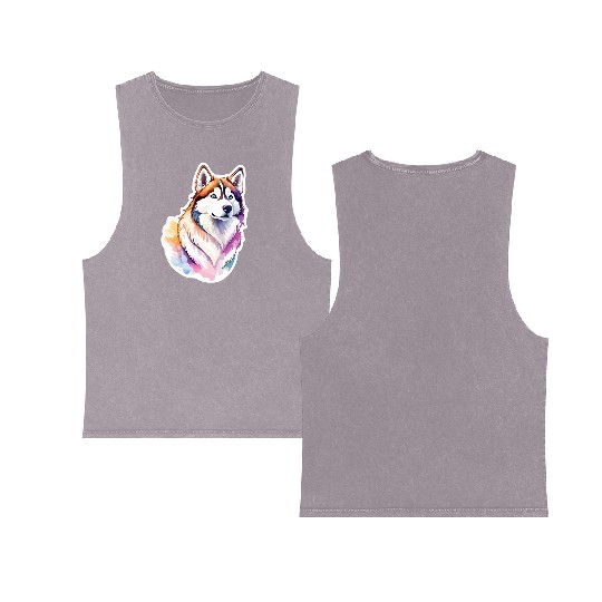 Siberian Husky Watercolor Double Sided Mineral Wash Tank Tops