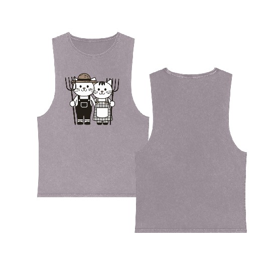 Farmer Cats Wearing Overalls and Gingham Dress Double Sided Mineral Wash Tank Tops