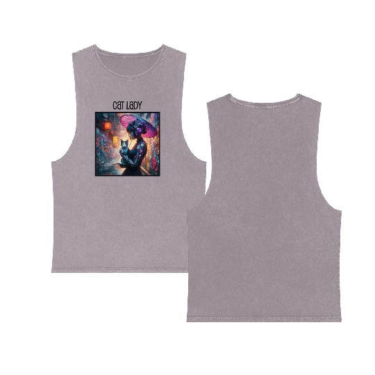 Cat Lady (Cyberpunk) Street Art v2 Double Sided Mineral Wash Tank Tops