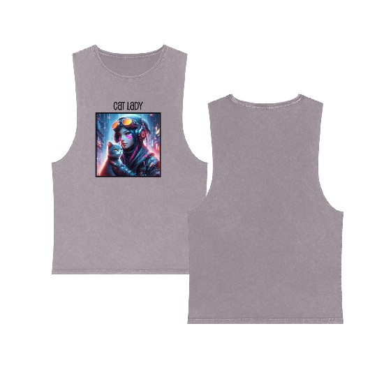 Cat Lady (Cyberpunk) Street Art v3 Double Sided Mineral Wash Tank Tops