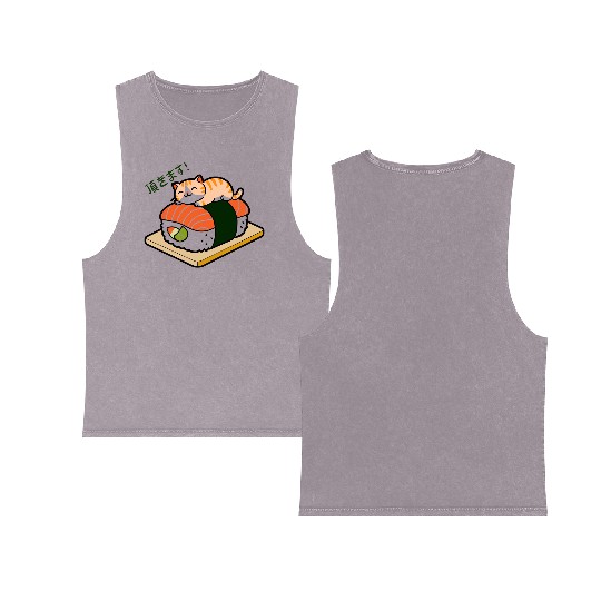 Sushi Cat Adorable Japanese Food Illustration Double Sided Mineral Wash Tank Tops