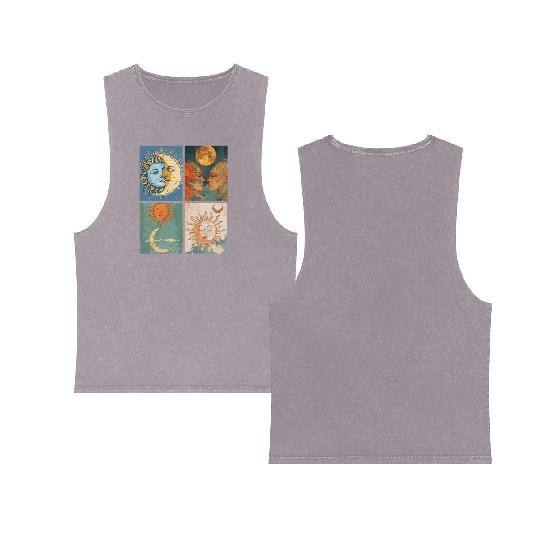 Moon and Sun Tarot Card Designed Look Double Sided Mineral Wash Tank Tops