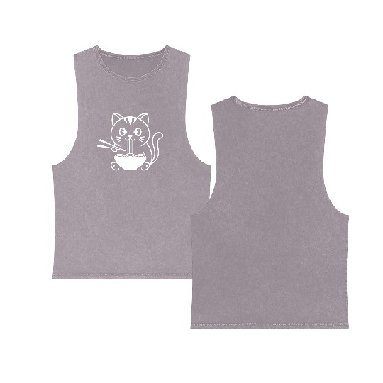 Cute Cat Eating Ramen Kawaii Food Design Double Sided Mineral Wash Tank Tops