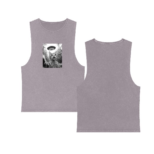 Funny Cat UFO Alien Abduction Cat Selfie Meme Double Sided Mineral Wash Tank Tops