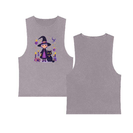 witch cat candles Halloween decor Double Sided Mineral Wash Tank Tops