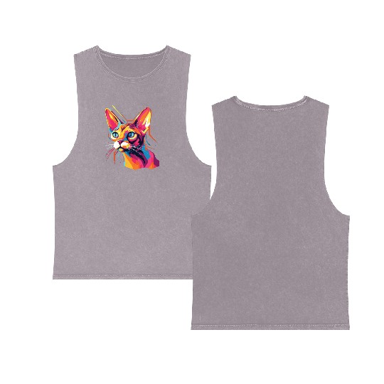 Cat Watercolor Colorful Abyssinian Cat Double Sided Mineral Wash Tank Tops