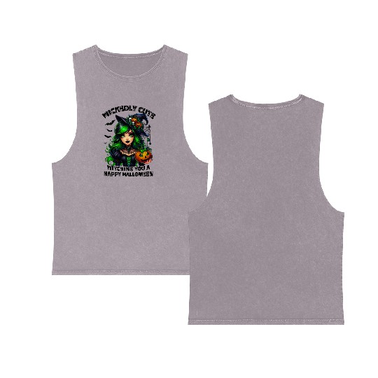 Halloween Wicked Cute Green Witch Double Sided Mineral Wash Tank Tops