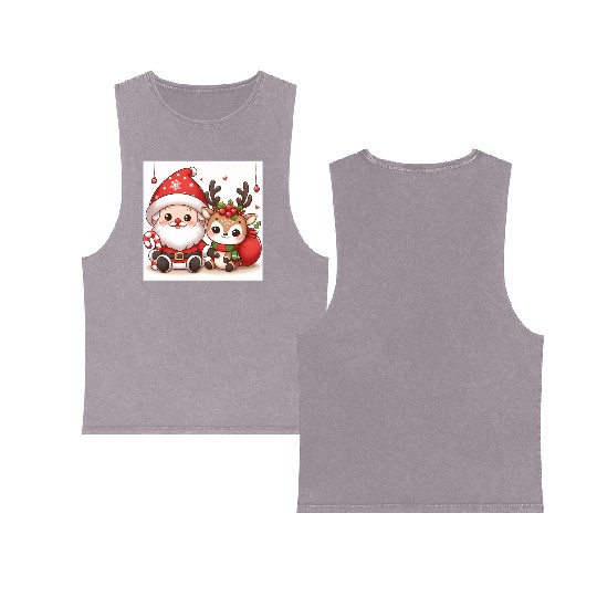 Festive Santa and Reindeer Illustration Double Sided Mineral Wash Tank Tops