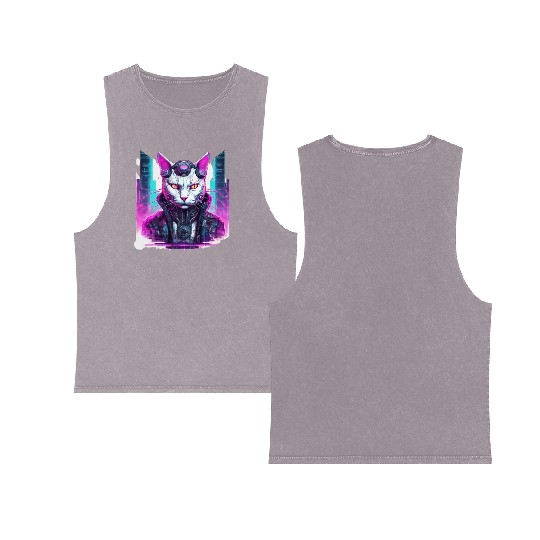 Cyberpunk Feline Warrior Double Sided Mineral Wash Tank Tops