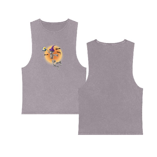 Volleyball Skeleton Volleyball Player Halloween Double Sided Mineral Wash Tank Tops