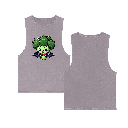 Cute Halloween Broccoli Vampire Cartoon Double Sided Mineral Wash Tank Tops