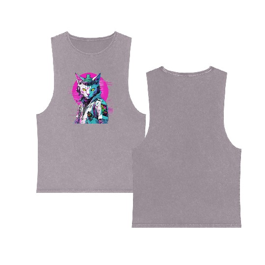 Neon Cyberpunk Warrior Cat Double Sided Mineral Wash Tank Tops