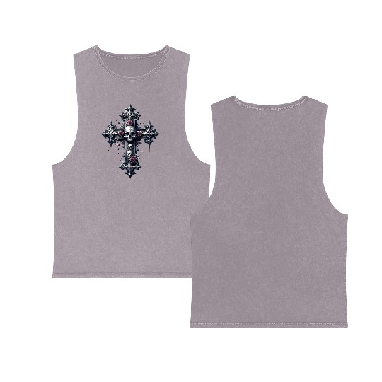 Gothic Cross Collection - Skulls and Red Roses Double Sided Mineral Wash Tank Tops