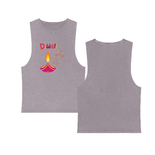 Diwali Design with Lamp & Festive Fireworks Double Sided Mineral Wash Tank Tops
