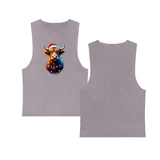 Scottish Highland Cow With Xmas Lights Double Sided Mineral Wash Tank Tops