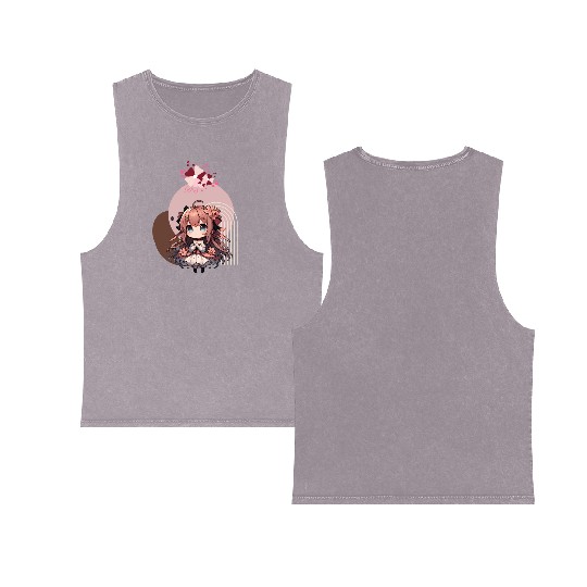 Chibi anime girl with flowers Double Sided Mineral Wash Tank Tops